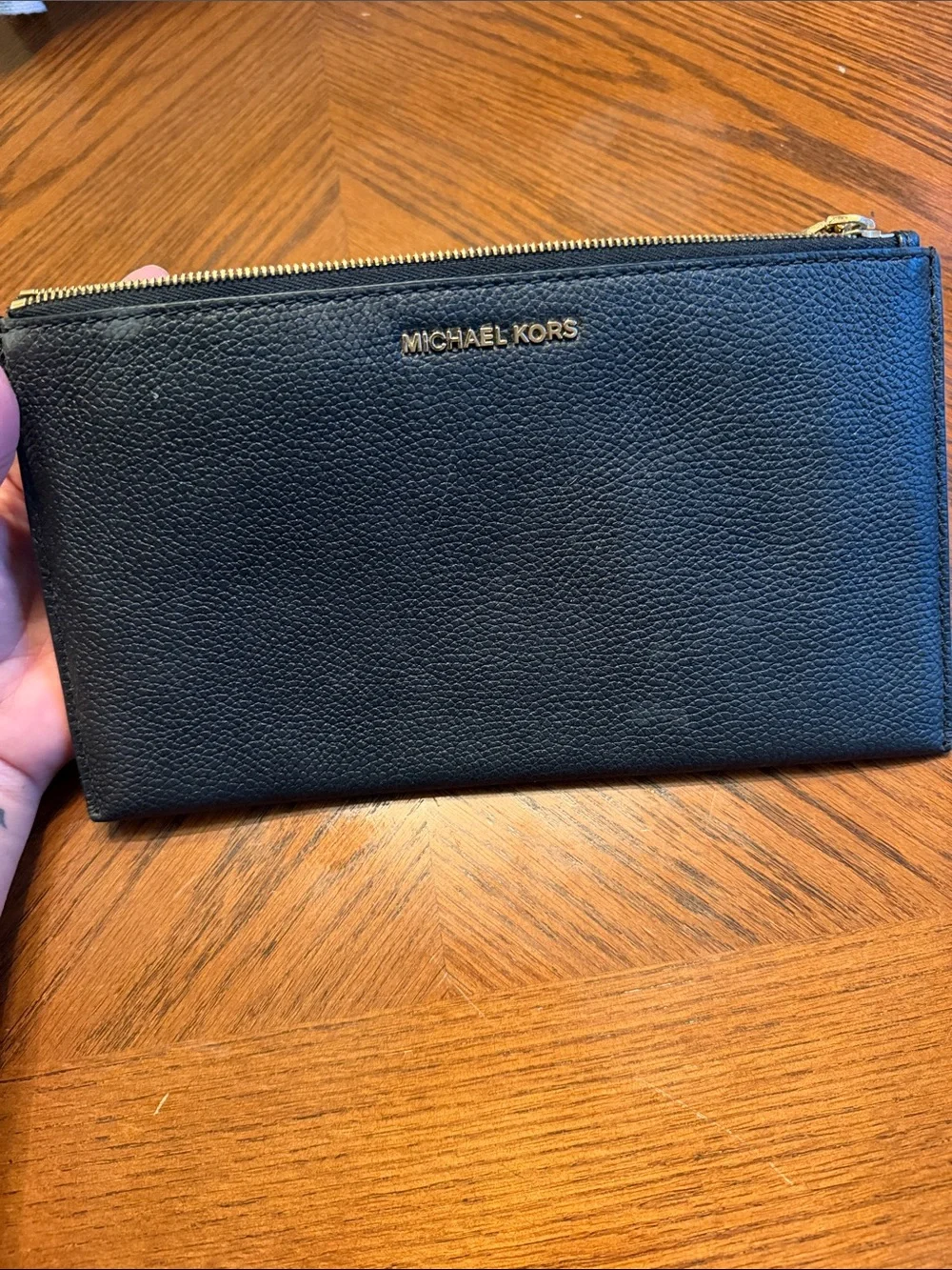 Michael Kors Black Pebbled Leather Wristlet Clutch with Gold Logo